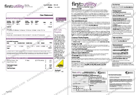 United Kingdom First gas and electricity utility bill in Word and PDF formats, 6 pages..
